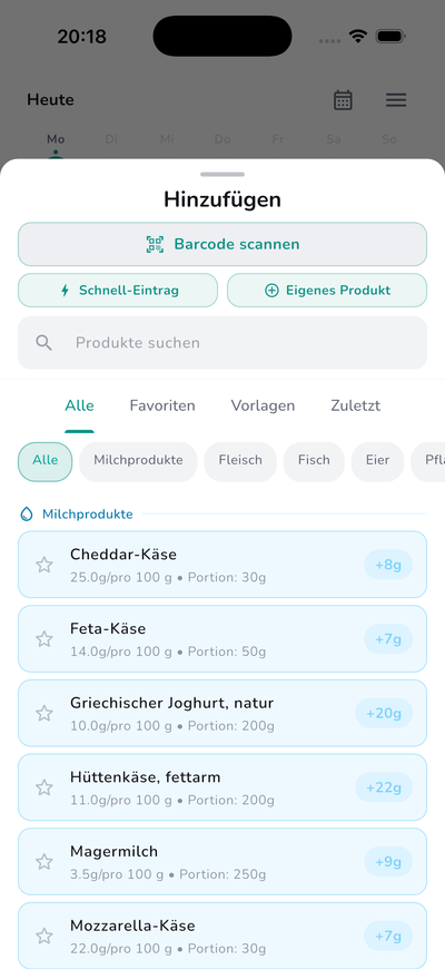 Built-in food library with 100+ products