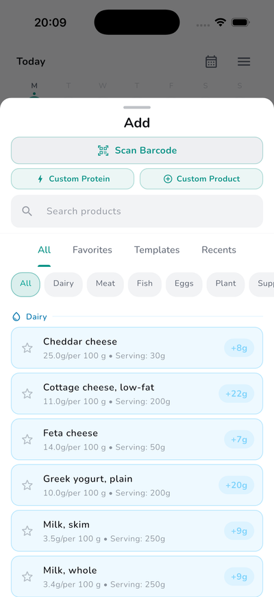 Built-in food library with 100+ products