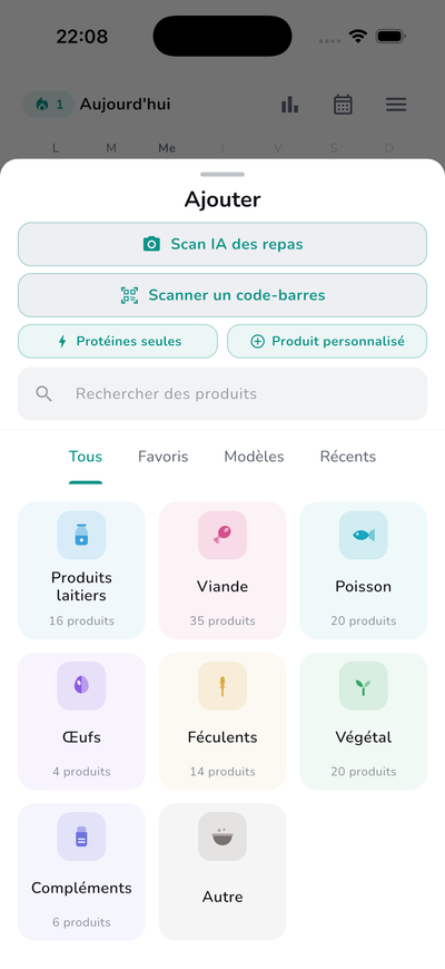 Built-in food library with 100+ products